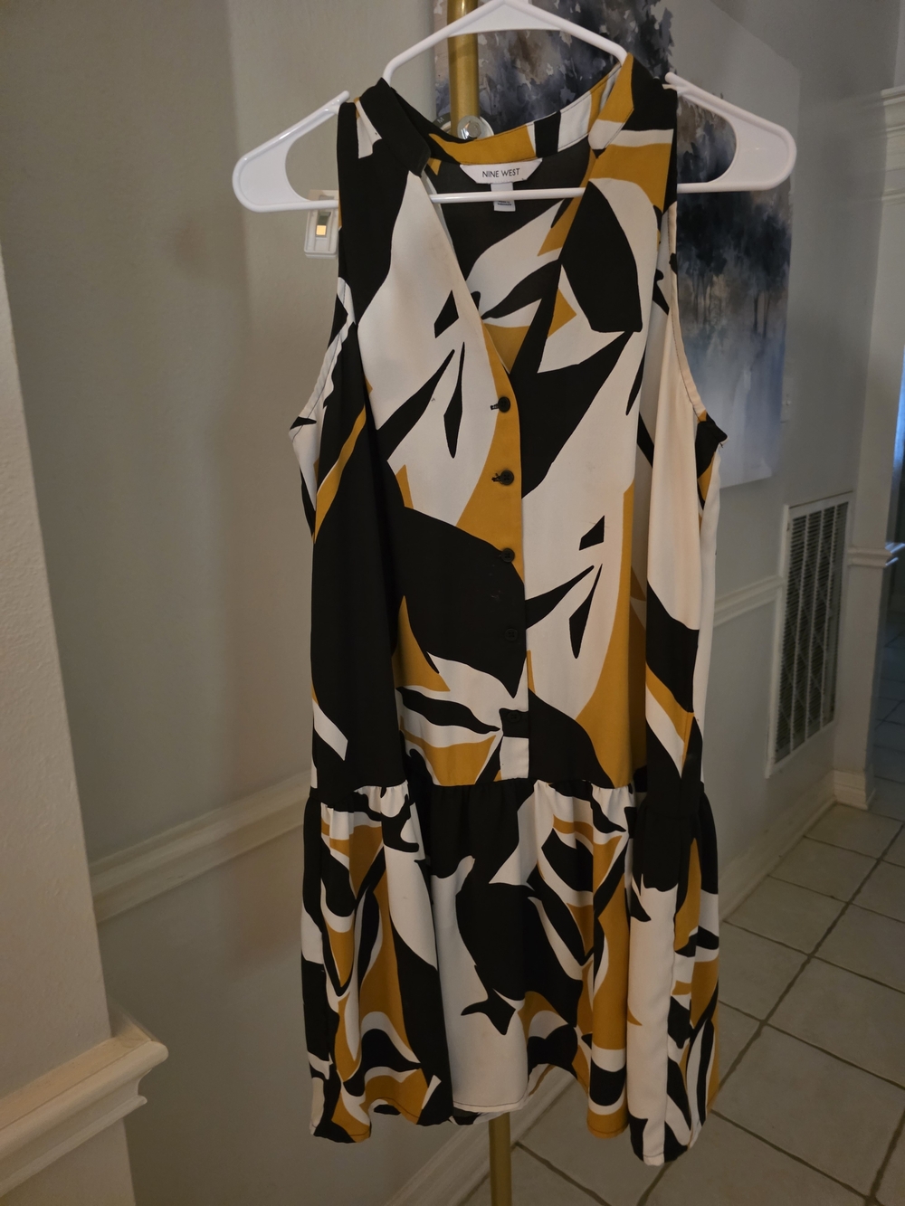 Nine West Sleeveless Abstract-Print Drop-Waist Dress in Black/White/Mustard